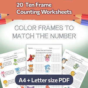 Pode incluir: Folhas de exercícios educativas para praticar a contagem. A imagem mostra várias folhas de exercícios com ilustrações coloridas de animais e números. O texto diz "20 Ten Frame Counting Worksheets" e "Color Frames to Match the Number". As folhas de exercícios são PDF tamanho A4 e Carta.
