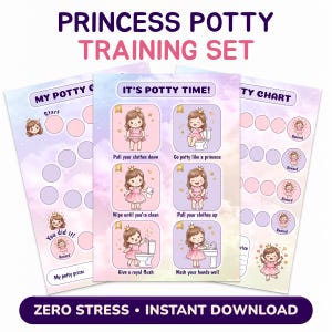 Pode incluir: Um conjunto de treinamento Princess Potty com três gráficos ilustrados. Os gráficos apresentam um tema de princesa com instruções e círculos de recompensa. O texto inclui "It's Potty Time!" e "Zero Stress • Instant Download."