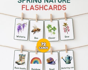 72 Spring Flashcards, Preschool Curriculum Learning Cards, Printable Montessori Cards, English Vocabulary, Homeschooling Spring Theme Cards
