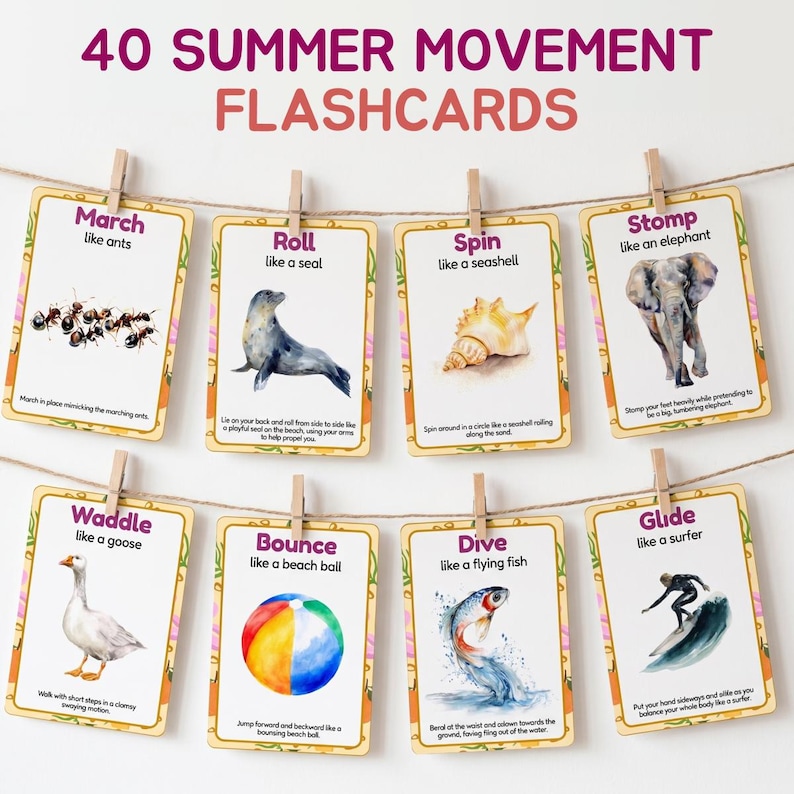 Printable Summer Movement Flashcards, 40 Animal Action Cards, Preschool Curriculum, Printable Montessori Cards, Summer Games Ideas image 1