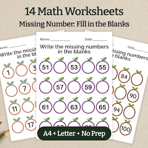Puede incluir: Tres hojas de trabajo de matemáticas con el título "14 Math Worksheets Missing Number: Fill in the Blanks". Las hojas de trabajo presentan secuencias numéricas con números faltantes para completar. Las hojas están etiquetadas como "A4 + Letter • No Prep."