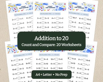 Addition till 20: Större, lika med, mindre jämförelsearbetsblad matematikpaket PDF