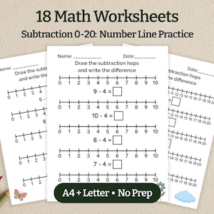 May include: A stack of white math worksheets with subtraction problems, number lines, and the text "18 Math Worksheets." The worksheets are designed for number line practice, with the text "Subtraction 0-20: Number Line Practice."