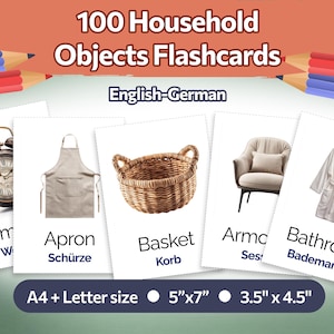 Bilingual Household Objects Flashcards English German: 100 Vocabulary Learning Cards