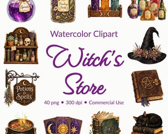 May include: Watercolor clipart set titled Witch's Store featuring various magical items including potion bottles, a wooden shelf with skulls and herbs, a black witch hat, a spell book with a pentagram, a cauldron, tarot cards, and a black cat.