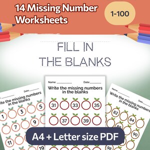 May include: Educational worksheets for kids featuring missing number exercises. The image shows three worksheets with apple-themed number sequences, ranging from 1 to 100. The text reads "Fill in the blanks" and "A4 + Letter size PDF".