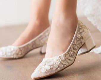 Scarpe da sposa in pizzo, décolleté da sposa con tacco basso, scarpe da sposa con tacco floreale, scarpe da sposa comode