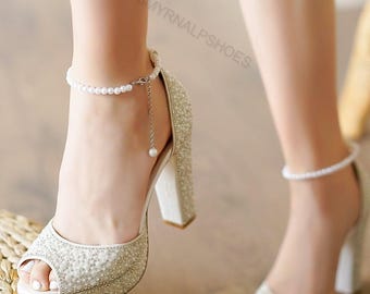 Pearl Bridal Heels, Platform Wedding Shoes, Block Heel Bridal Sandals, Elegant Bride Heels