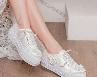 Luxury Pearl Wedding Sneakers for Bride – Lace Bridal Shoes, Handmade Bridal Sneakers, White Wedding Shoes