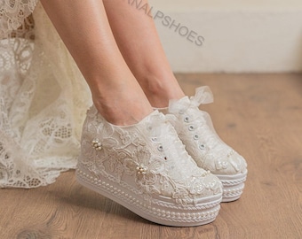 Zapatillas de novia de lujo con perlas: zapatos de novia de encaje, hechas a mano, zapatos de novia blancos