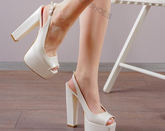 Platform Bridal Heels, Ivory Wedding Shoes, High Heel Bridal Sandals, Handmade Wedding Shoes for Bride