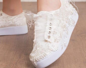 Pearl Bridal Sneakers, Lace Wedding Shoes, Comfortable Bride Sneakers, Platform Wedding Shoes
