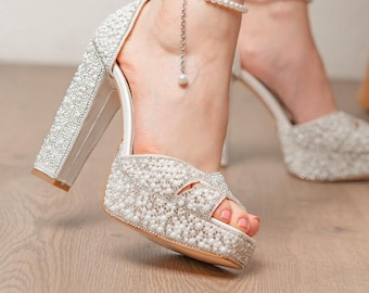 Pearl Embellished Bridal Heels, High Platform Wedding Shoes, Handmade Pearl Wedding Sandals, Elegant Bride Shoes