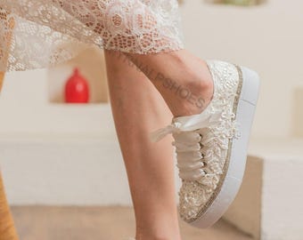 Lace Wedding Sneakers for Bride – Bridal Platform Sneakers, Comfortable Wedding Shoes, Ivory Bridal Sneakers
