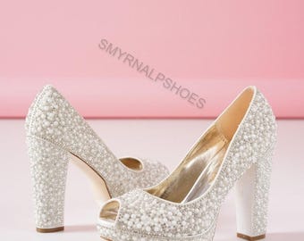 Pearl Platform Wedding Heels, Open Toe Bridal Shoes, Pearl Embellished High Heel Pumps, Luxury Handmade Bridal Heels