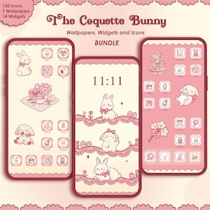 May include: A digital bundle with a "The Coquette Bunny" theme, displayed on three smartphones. The image shows wallpapers, widgets, and icons in pink and white. The bundle includes 150 icons, 7 wallpapers, and 14 widgets. The time 11:11 is displayed.