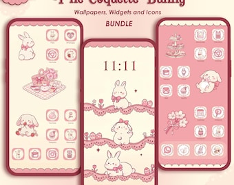 Tema para teléfono Coquette Bunny, iconos de aplicaciones de encaje rosa / Fondos de pantalla y widgets de fresas primaverales (descarga digital para iOS y Android)