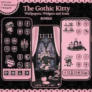 May include: A digital bundle titled The Gothic Kitty featuring 160 icons, 11 wallpapers, and 9 widgets. The design displays three smartphone screens with a black and pink color scheme, showcasing cat-themed illustrations, gothic architecture, and various app icons.