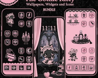 Iconos de la aplicación Gothic Kitty / Tema de teléfono Pastel Goth, fondos de pantalla Dark Pink Coquette (descarga digital)