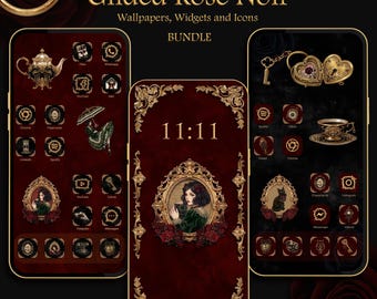 Iconos de la aplicación Gilded Rose Noir / Tema de teléfono Dark Academia para iOS y Android, fondos de pantalla Vintage Coquette (descarga digital)