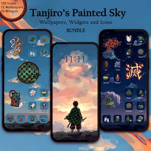 Könnte beinhalten: Drei Smartphones zeigen ein "Tanjiro's Painted Sky"-Paket. Die Bildschirme zeigen Hintergrundbilder, Widgets und Symbole mit einem Himmelsthema. Der Text "150 Icons, 12 Wallpapers, 10 Widgets" ist sichtbar. Das mittlere Telefon zeigt die Uhrzeit 11:11 an.