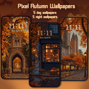 Puede incluir: Una colección digital de Pixel Autumn Wallpapers con 5 fondos de día y 5 de noche. Las imágenes muestran paisajes otoñales pixelados, incluyendo un arco de ladrillo, el escaparate de una librería y una calle urbana en tonos naranja.