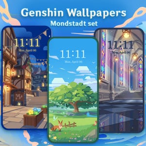 Può includere: Una collezione digitale di tre sfondi per smartphone intitolata Genshin Wallpapers Mondstadt set. Le immagini mostrano scene animate tra cui una strada cittadina di notte, un prato verde con una volpe e un albero, e l'interno di una cattedrale.