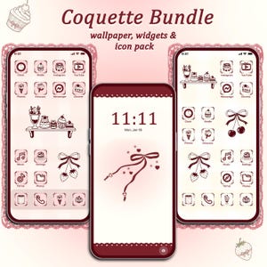 May include: A digital phone screen bundle with a coquette theme. The screens display a variety of icons, including social media apps, and a clock. The background is a soft pink with a decorative border and the text "Coquette Bundle".
