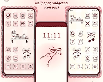 Tema Coquette para iOS y Android, iconos de aplicaciones con lazos, fondos de pantalla (descarga digital)