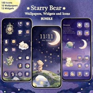 May include: A digital bundle titled Starry Bear Wallpapers, Widgets and Icons featuring 150 icons, 10 wallpapers, and 13 widgets. The display shows three smartphone screens with a dark purple night sky theme, featuring illustrations of bears, crescent moons, stars, and lanterns.