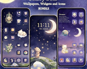 Iconos de la aplicación Oso Estrellado / Tema de teléfono, widgets y fondos de pantalla en acuarela (descarga digital)