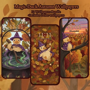 May include: A digital bundle of Magic Duck Autumn Wallpapers featuring 12 designs plus 2 free wallpapers. The images show a duck wearing a purple star-patterned wizard hat and cape, stirring a green potion, lying in autumn leaves, or sitting in a tree.