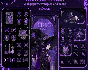 Iconos de la aplicación Moonlit Witch, tema mágico gótico púrpura para iOS y Android con fondos de pantalla y widgets.