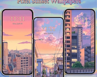Paquete de fondos de pantalla Pixel Sunset / Fondos de pantalla retro de anime de ciudad para teléfono