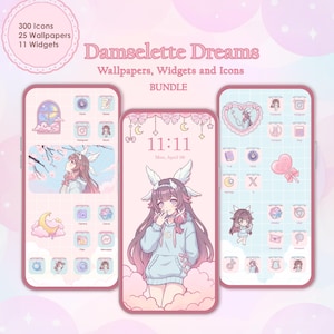 May include: A digital bundle titled Damselette Dreams featuring 300 icons, 25 wallpapers, and 11 widgets. The display shows three smartphone screens with a pastel pink and blue color palette, anime-style character illustrations, and icons.