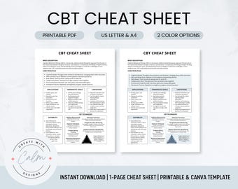 Cognitive Behavioral Therapy Cheat Sheet, CBT Cheat Sheet, CBT Skills, Therapist sheet, Therapy tools, therapist worksheets, Therapy