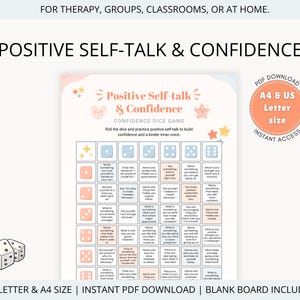 Pode incluir: Um jogo imprimível intitulado "Positive Self-Talk & Confidence" com um tema de dados. O jogo inclui uma grade de prompts para construir confiança e uma voz interior mais gentil. O design apresenta cores pastel e gráficos de estrelas e corações.