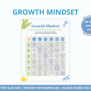 Puede incluir: Un juego imprimible de Mentalidad de Crecimiento con dados y preguntas. El título "Growth Mindset" está en letras azules grandes. Incluye una descarga PDF en tamaños A4 y US Letter. Acceso instantáneo.