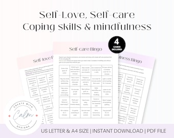 Self-love bingo cards, self-care bingo, bingo cards mental health, therapy bingo cards, therapy worksheets, coping skills bingo, mindfulness
