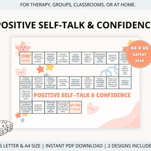 Puede incluir: Una hoja de juego de mesa titulada Positive Self-Talk & Confidence con una cuadrícula de indicaciones para terapia o uso doméstico. El diseño incluye estrellas y corazones en tonos pastel, un bloque Start Here, un bloque Well Done Finish y dos dados.