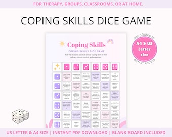 Coping skills dice game, Therapy activity, Coping skills dice game kids, Kids and teens therapy, Counselling dice game