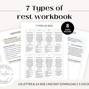 7 Types of rest workbook, 7 Types of rest, Self-care workbook, Self-care, Therapy workbooks, mental health worksheets, therapy worksheets