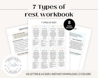 7 Types of rest workbook, 7 Types of rest, Self-care workbook, Self-care, Therapy workbooks, mental health worksheets, therapy worksheets