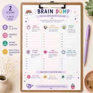 Puede incluir: Una hoja de planificación tipo brain dump en un portapapeles con encabezados e iconos coloridos. El texto incluye secciones como Things I Need To Do, People I Need To Contact, Thoughts & Ideas, Decisions To Make, Things Weighing On Me y Things I Can Park For Later.