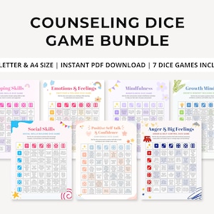 May include: A counseling dice game bundle featuring seven printable sheets with titles including Coping Skills, Emotions & Feelings, Mindfulness, Growth Mindset, Social Skills, Positive Self-talk & Confidence, and Anger & Big Feelings.