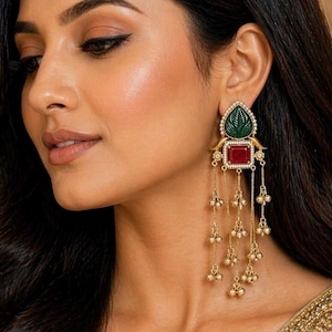 Kashmiri Emerald Green Ruby Red Statement Earrings with Gold Ghungroo Tassels