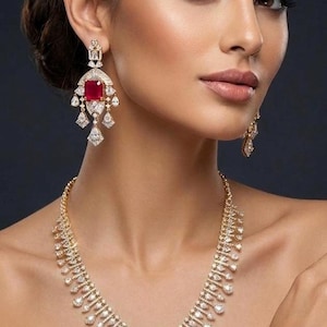 Ruby Red Bridal Jewelry Set, CZ Diamond Statement Necklace and Chandelier Earrings, Indian Wedding Jewelry, Geometric Drop Earrings Set UK