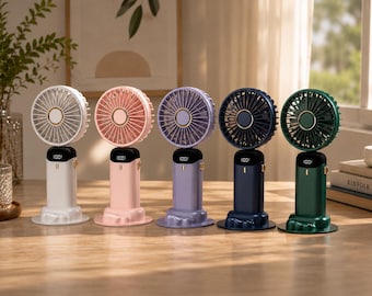 Mini Portable USB Rechargeable Fan – 1800mAh | Silent Desk Fan with LED Display, Phone Holder, 5 Speeds |