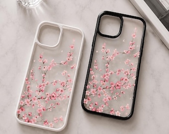 Funda transparente con estampado floral para iPhone | Funda con estampado de flores de cerezo | Funda estética floral rosa a prueba de golpes