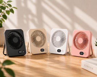 May include: Four portable square desk fans in black, beige, white, and pink. Each fan features a circular grille, a digital display showing 100, and a power button on the lower front. The fans have a foldable stand on the back for upright positioning.